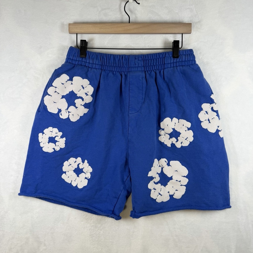 Denim Tears Blue Terry Sweat Shorts Floral Cotton Wreath Drawstring Men Size XL